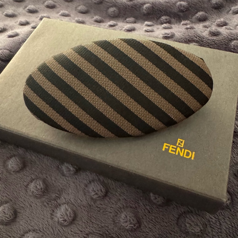 Fendi Rare Vintage Black & Brown Striped Pecan Canvas Valletta Hair Clip w/ Box